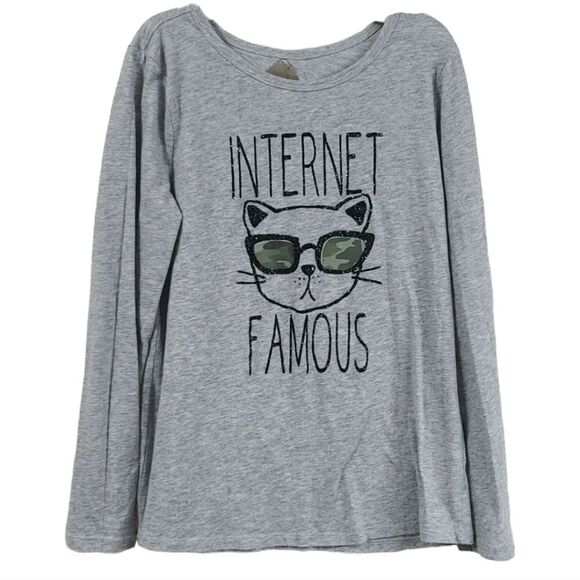 Justice Girls 8 Gray Long Sleeve INTERNET FAMOUS Cat Camo Shades Shirt T-Shirt - Picture 1 of 7